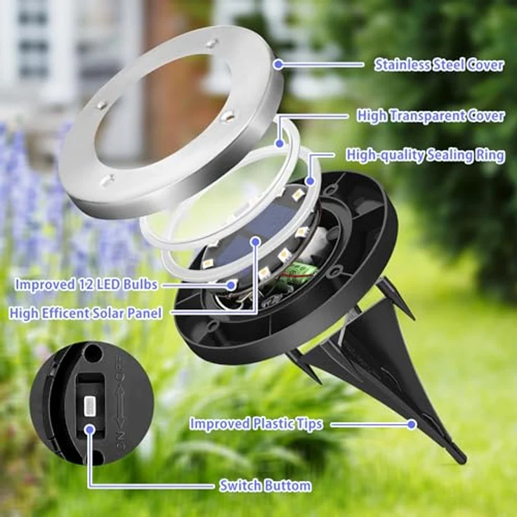 GIGALUMI Solar Bodenleuchte 12 LEDs 8 Stück Solarleuchten Weiß Gartenleuchten Edelstahl Wasserdicht für außen, Garten, Terrasse, Rasen, Hof, Gehweg – Bild 5