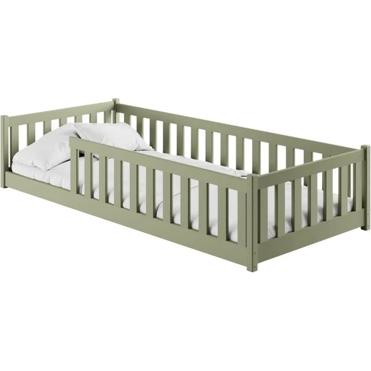 Kids Collective Kinderbett Bodenbett Bett mit Rausfallschutz & Lattenrost Montessori Bett Kinder (weitere Größen 80x160, 80x180, 90x190, 120x200, 140x200 cm), Jugendbett Einzelbett mit Matratze Olivgrün Kiefer 90x200 cm – Bild 2