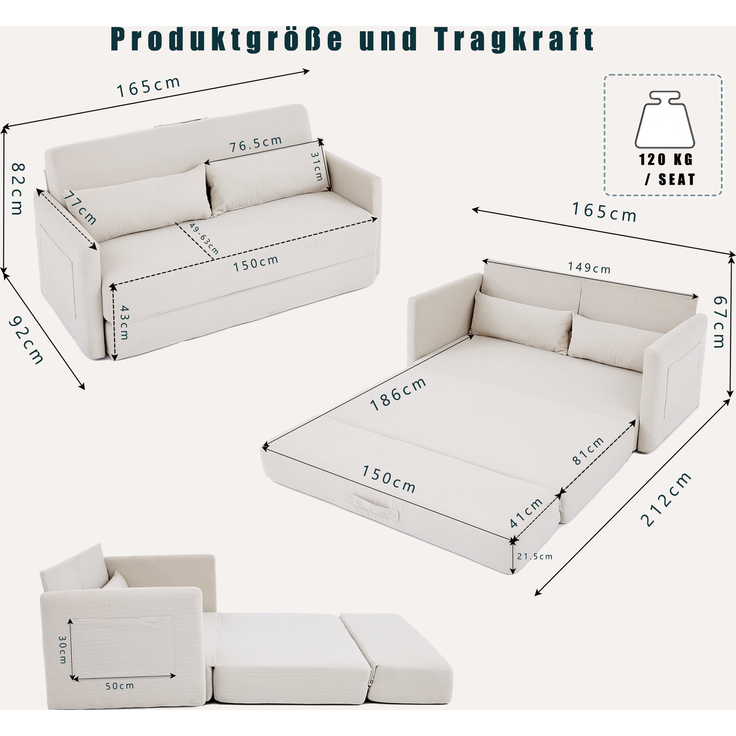 LVHOM Schlafsofa 2-Sitzer, Klappsofa mit Schlaffunktion, Bettsofa aus Cordstoff, Schlafcouch mit Kissen und Seitentaschen, 165x92x82 cm – Bild 7
