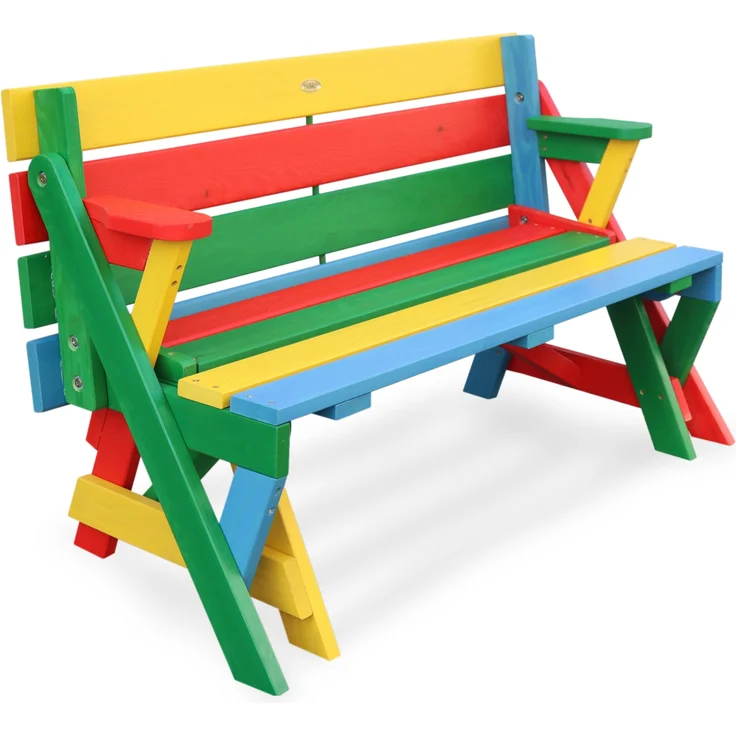 HABAU Kinderpicknickbank 2-in-1 aus Holz, klappbar, Rot / Grün / Blau / Gelb, 100 x 50 x 62 cm – Bild 4