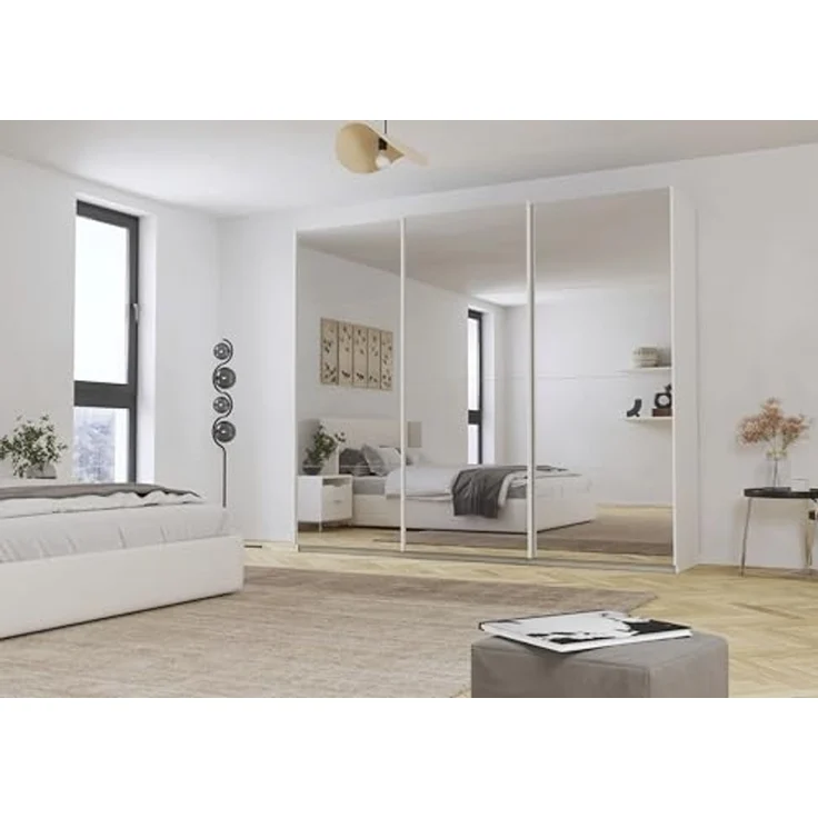Rauch Möbel Kulmbach, Kleiderschrank mit Schwebetüren für Schlafzimmer, Kinderzimmer, Jugendzimmer, Garderobe, Flur, 3-türig, mit Spiegel, Zubehör Basic, Farbe Weiß, Breite 271 cm – Bild 2