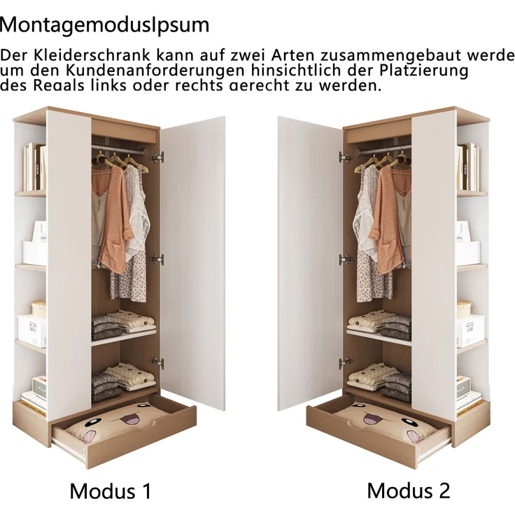 Merax Kleiderschrank 70*40*170cm, Eintürige Ausführung, mit Einlegeböden und Schubladen, Naturholzfarbe + Weiß – Bild 5