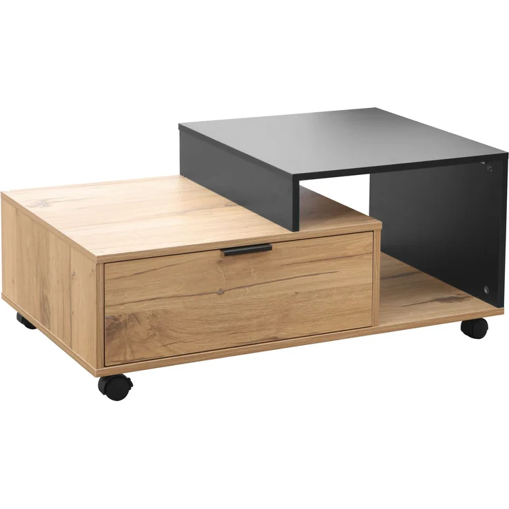 Moderner Couchtisch mit Stauraum – Eichedekor & Schwarz, Schublade, Rollen, 90 x 50 x 40 cm – Bild 4
