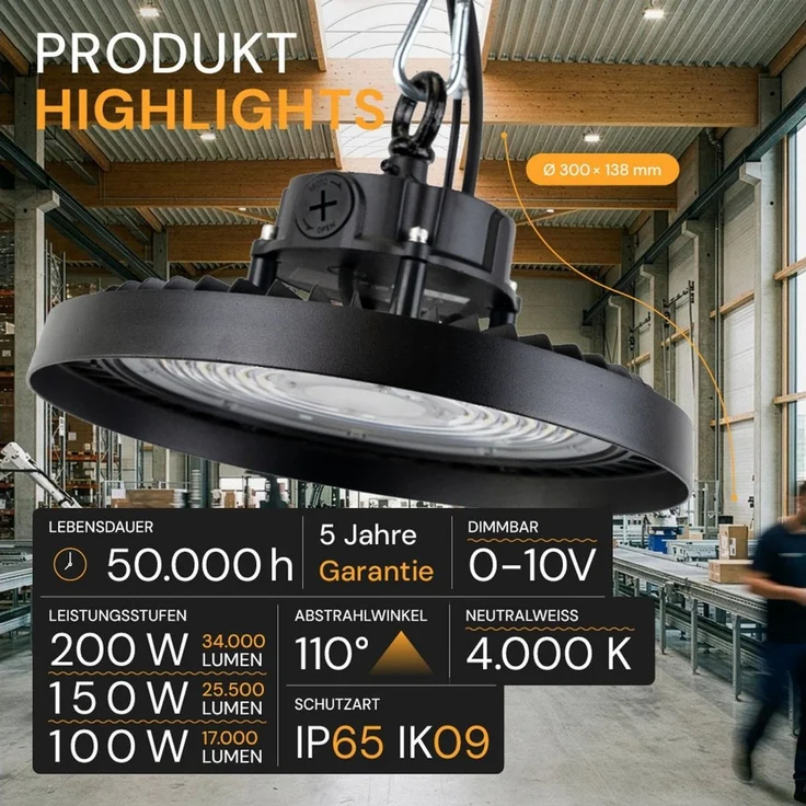 ENOVALITE LED Arbeitsleuchte ENOVALITE LED Hallenstrahler HighBay 200 W 4000 K Neutralweiß Schwarz, LED fest integriert, Neutralweiß – Bild 2