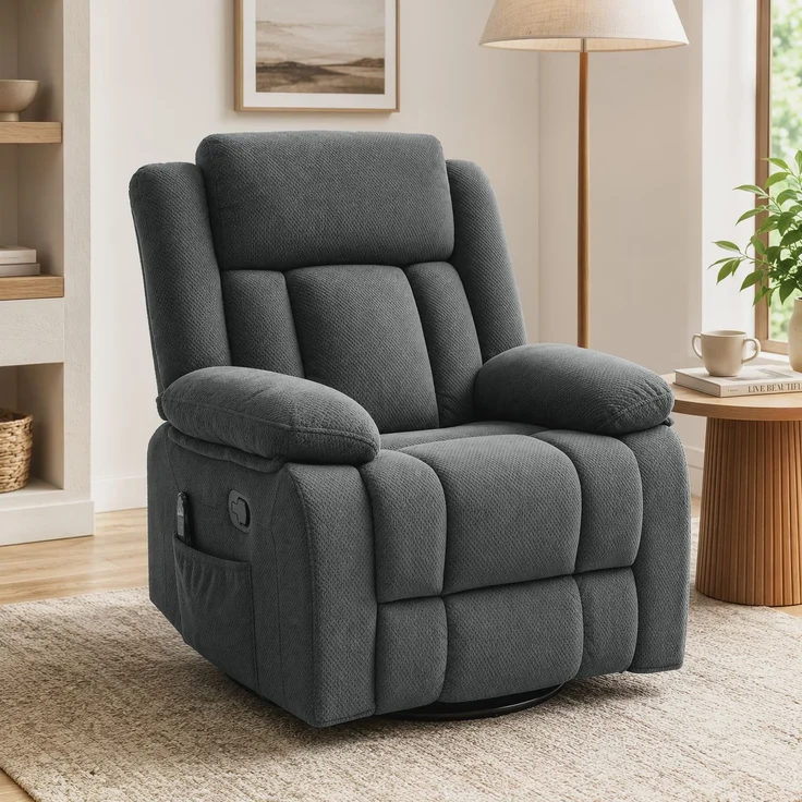 Wohnora-Relaxsessel mit Vibrationsmassage und Wärme, manuell verstellbarer Drehsessel mit Schaukelfunktion und Taschenfederkern, Grau,H 1020cm x T 920cm x B 920cm – Bild 3