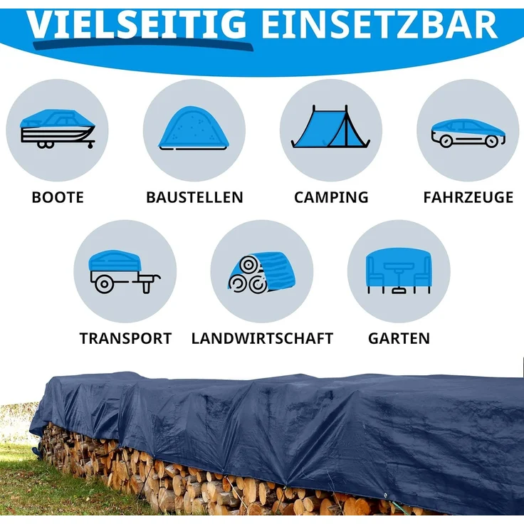 Floordirekt Abdeckplane | Gewebeplane Schutzplane Bootsplane Zeltunterlage für Camping & Outdoor Garten wasserdichte Planemit Ösen Viele Größen & Farben 8x14 m, 112m² 240 g/m², Blau – Bild 6
