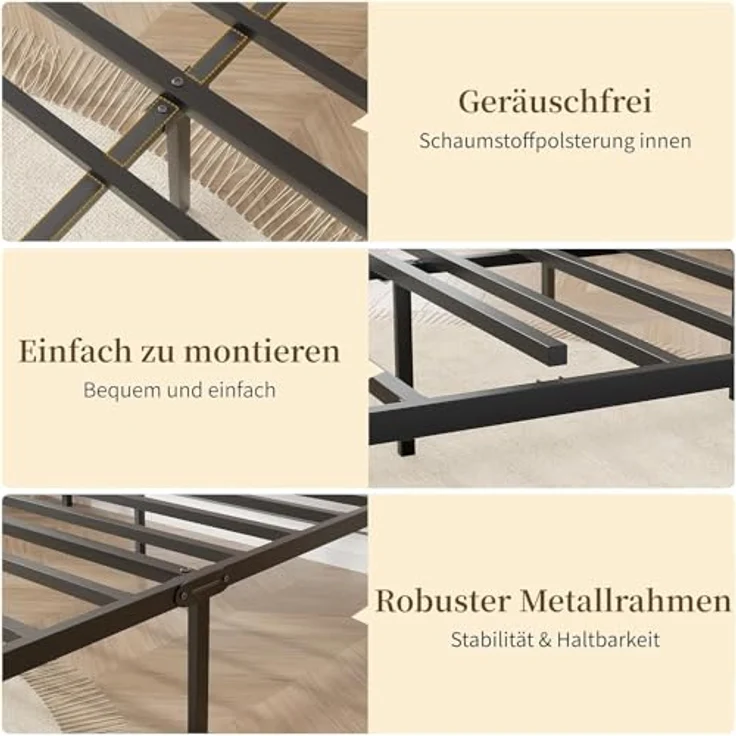 VECELO Bettgestell 90x200 cm, Metallbett mit Dick Holzkopfteil und Lattenrost, Modern Gästebett Jugendbett mit Stauraum Unter Dem Bett, Perfekt für Schlafzimmer, Schwarz – Bild 4