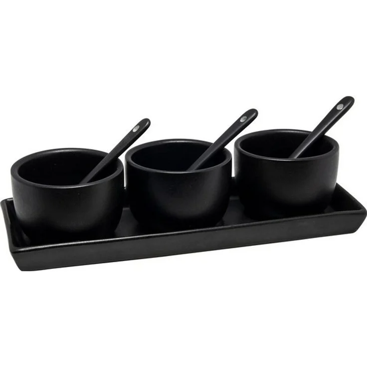 HIT Trading Dipschale Dip-Set mit Tablett, 3 Schalen und 3 Löffel, Porzellan, (7-tlg), Schwarz, Spülmaschinengeeignet – Bild 2