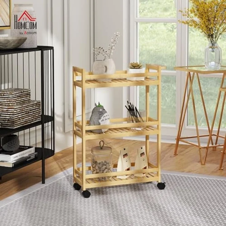 HOMCOM Servierwagen 3-stöckig, aus Bambus, mit Rolle, Griff, (Aufbewahrungswagen, 1 St, Küchenwagen), für Büro, Wohnzimmer, Küche, 55 x 20 x 75 cm, Naturholz – Bild 2