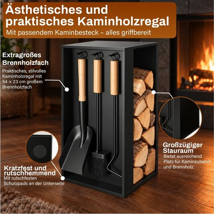 Clanmacy Kaminholzregal Kaminholzregal 54 x 29 x 29 cm mit 3-teiligem Kaminbesteck, Schwarz – Bild 4