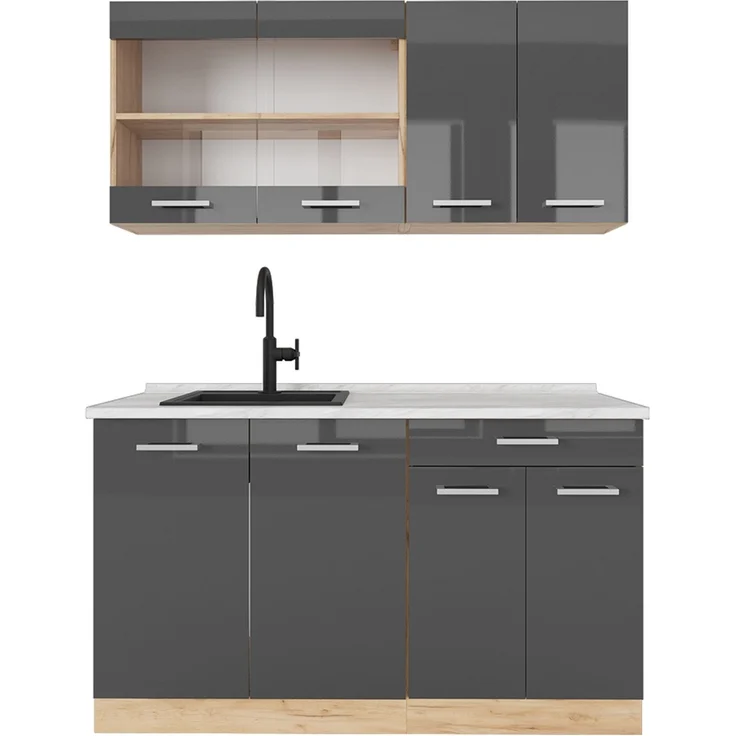 Singleküche R-Line Anthrazit Hochglanz/Goldkraft Eiche 140 cm , AP Marmor Vicco – Bild 1