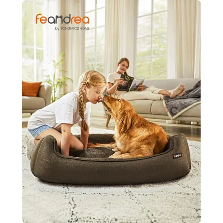 Feandrea Hundebett, Hundekissen in Leinenoptik, Hundekorb, erhöhte Ränder, rutschfeste Unterseite, Bezug abnehmbar waschbar, XL, für große Hunde, 110 x 75 x 27 cm, braun PGW12CC – Bild 3