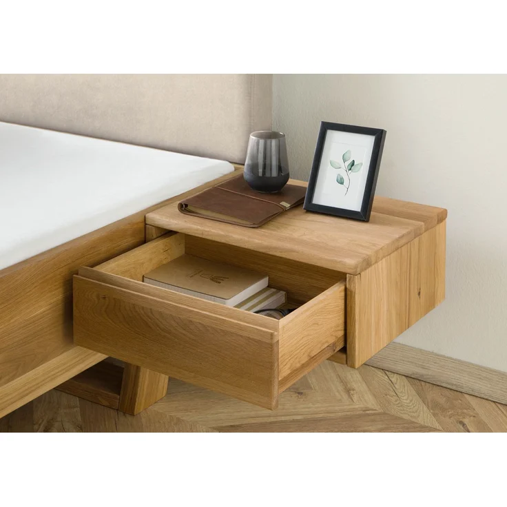 Bett mit Nachttischen Eiche 200x200x85 natur geölt, Kopfteil beige FICHTELBERG #136 – Bild 4