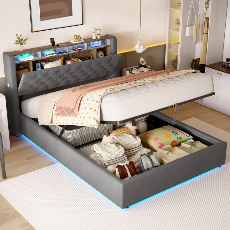 Polsterbett aus Holland-Velours 140x190 cm in Grau mit LED, USB-C & Stauraum