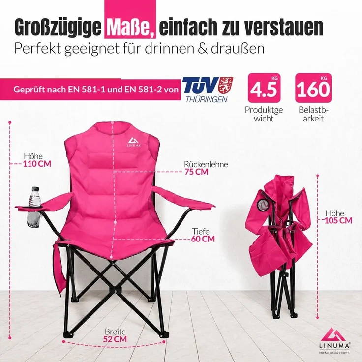 LINUMA® Luxus Faltstuhl PRO PINK Campingstuhl Anglerstuhl mit Getränkehalter & Tragetasche – Bild 2