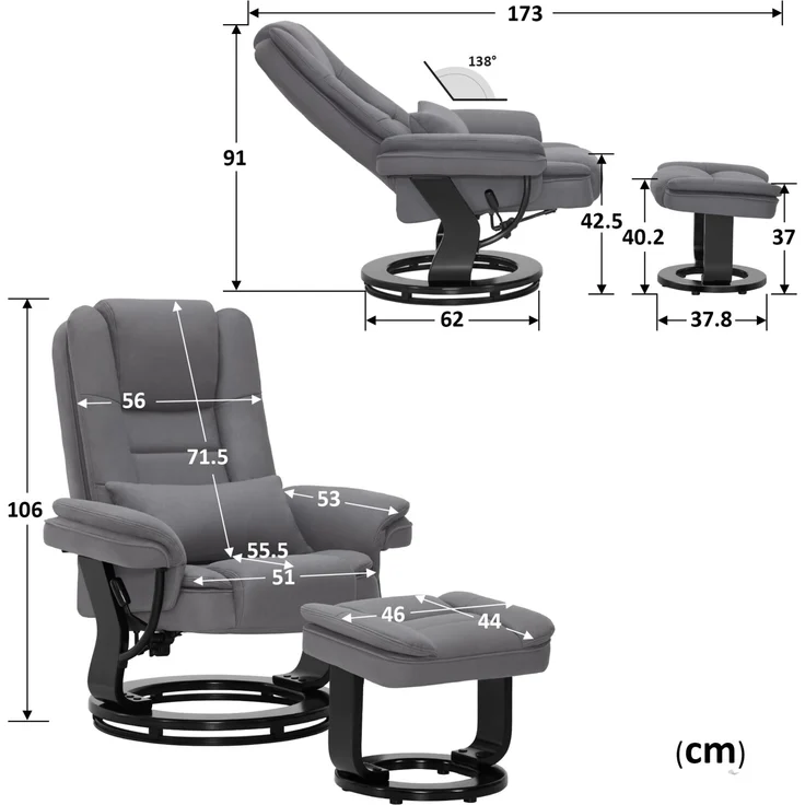 M MCombo Relaxsessel mit Liegefunktion, Lesesessel, 360° Drehbarer Fernsehsessel, mit Hocker, mit Kissen & Seitentasche, bis 120 Kg Belastbarer TV-Sessel für Wohnzimmer, 9099 (Grau-Mikrofaser) – Bild 3