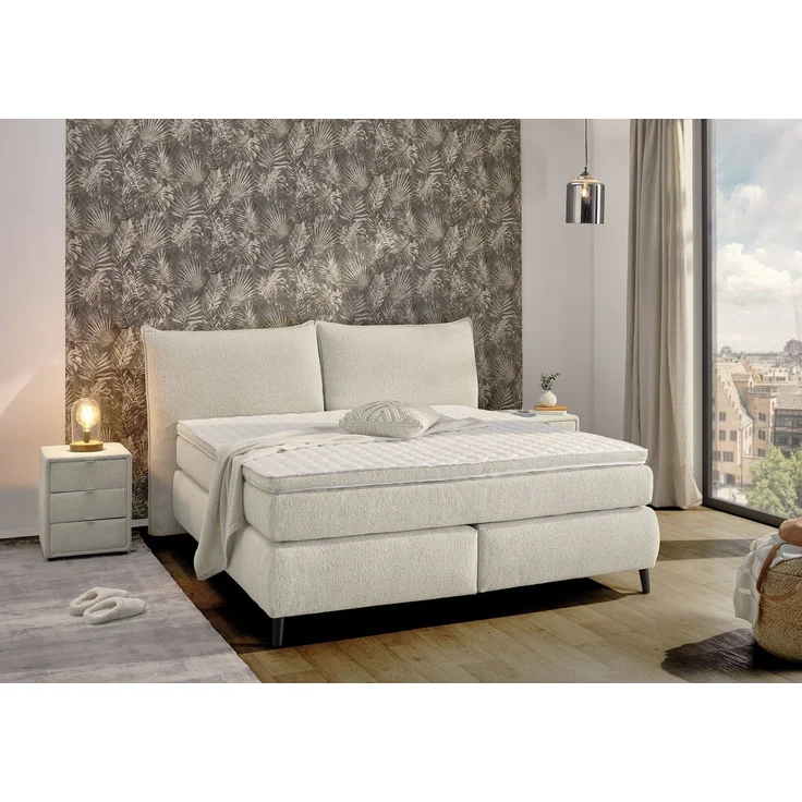 Boxspringbett 180x200 H4 Federkernmatratzen Bonell Topper Flachgewebe Beige Grau – Bild 2