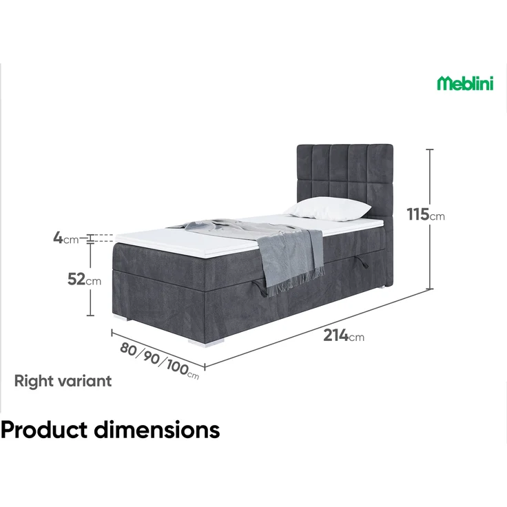 MEBLINI Boxspringbett LUKAS 90x200 cm mit Bettkasten - H3/Dunkelgrau Samt Gepolstert Einzelbett mit Topper & Taschenfederkern-Matratze - 90x200 Rechts – Bild 7