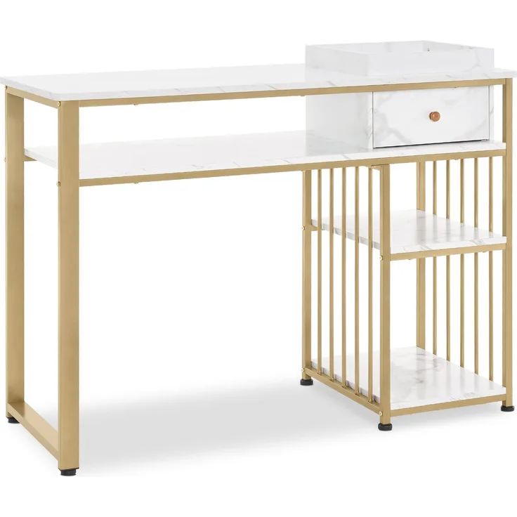 M MCombo Schreibtisch mit Schubladen, Nageltisch mit Regal, Manikürtisch aus Holz Metallgestell, Schminktisch ohne Spiegel Wohnzimmer Modern, Marmor-Weiß Gold, 2498