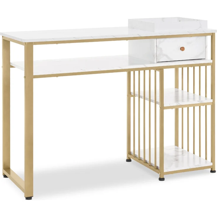 M MCombo Schreibtisch mit Schubladen, Nageltisch mit Regal, Manikürtisch aus Holz Metallgestell, Schminktisch ohne Spiegel Wohnzimmer Modern, Marmor-Weiß Gold, 2498
