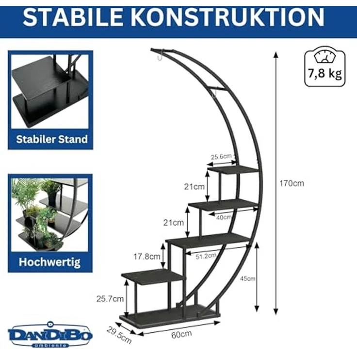 DanDiBo Blumenregal indoor 170 cm Hoch Metall Schwarz Halbrund 96585 Blumentreppe Groß Rund Pflanzenständer Modern Design – Bild 2