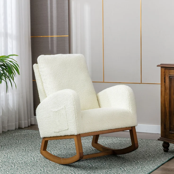 Mid-Century Schaukelstuhl Weiß aus Teddy, hohe Rückenlehne, 69x94x101 cm – Bild 1