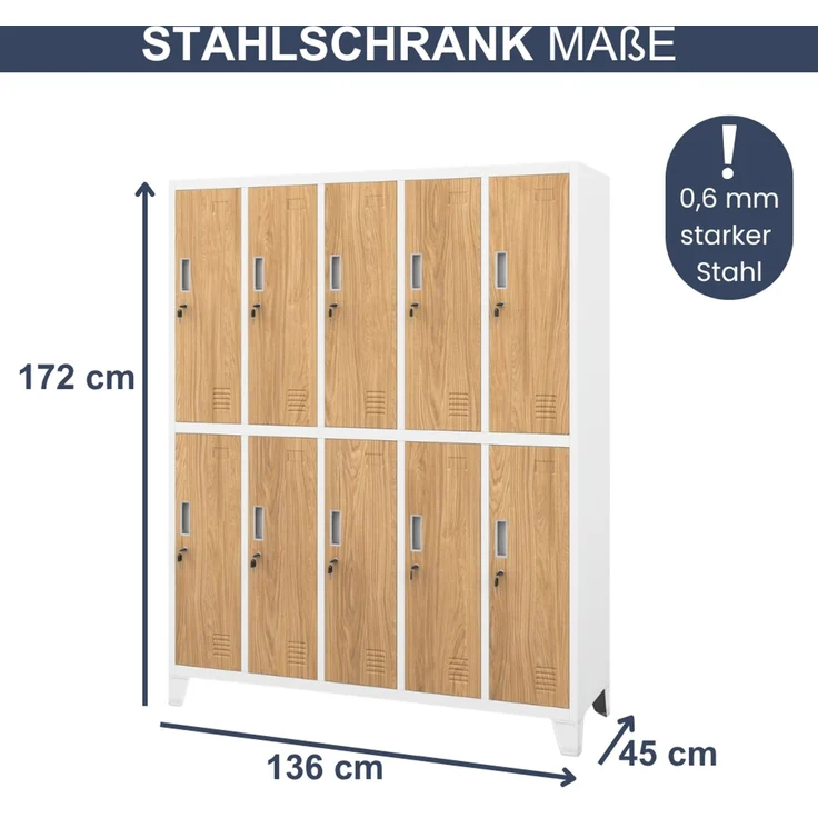 Umkleideschrank Spind BERLIN - 10 Abteile, Etikettenhalter Lüftungsschlitze | Umkleidespind Schließfachschrank Garderobenspind, 172 x 136 x 45 cm Weiß-Goldene Eiche – Bild 2