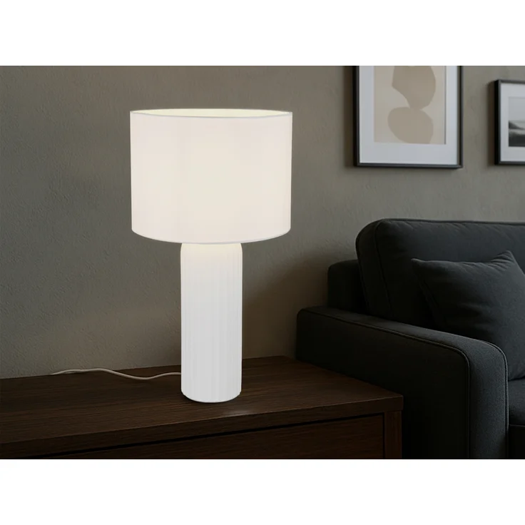 Große LED Tischleuchte mit Keramikfuß & Stoffschirm Weiß, Höhe 51cm – Bild 5