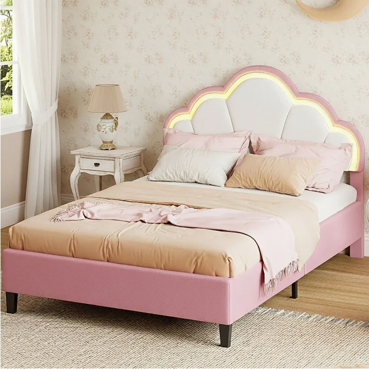 FUROKOY Polsterbett Kinderbett Kronenbett anhebbarem Kopfteil Kronenform (Einzelbett Bettgestell Nettes und verträumtes Mädchen Bett Rosa/Weiß), 90x200 cm,Geeignet für Jugendliche und Kinder,Samt – Bild 5