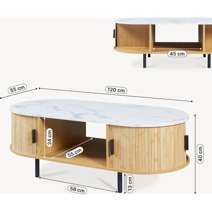 Couchtisch Tvedestrand 120x55x40 cm Bambus Marmorweiß/Natur [en. casa] – Bild 5
