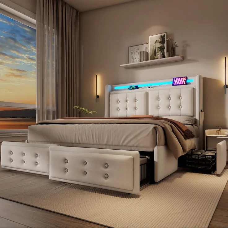 Polsterbett Baumwoll-Leinen mit LED & USB-Anschluss, 180x200 cm, 188x220x106 cm, Beige, ohne Matratze