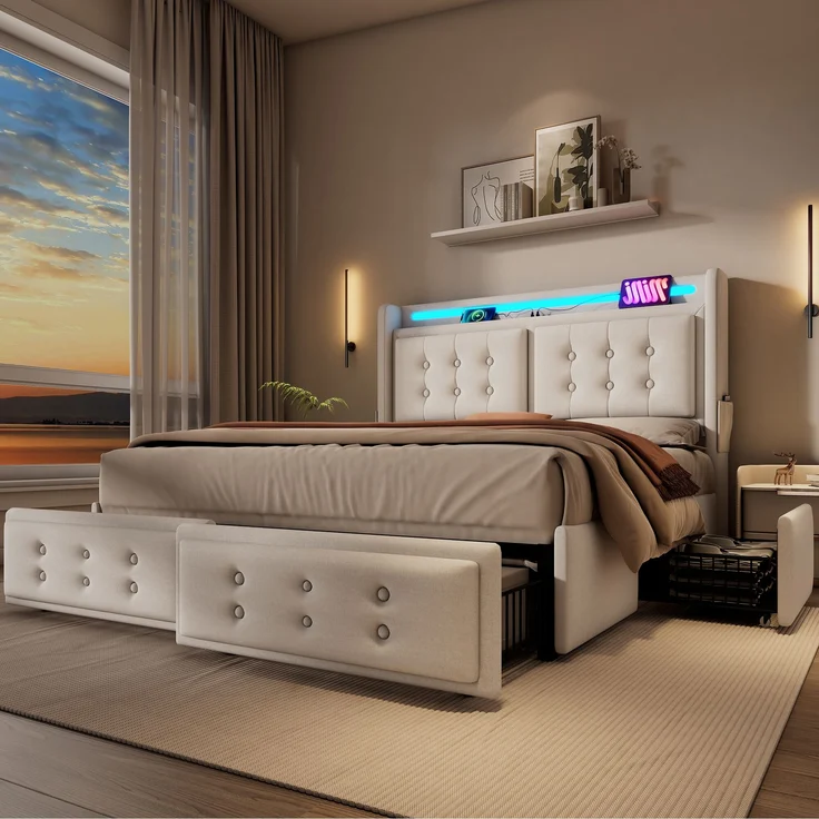Polsterbett Baumwoll-Leinen mit LED & USB-Anschluss, 180x200 cm, 188x220x106 cm, Beige, ohne Matratze – Bild 1