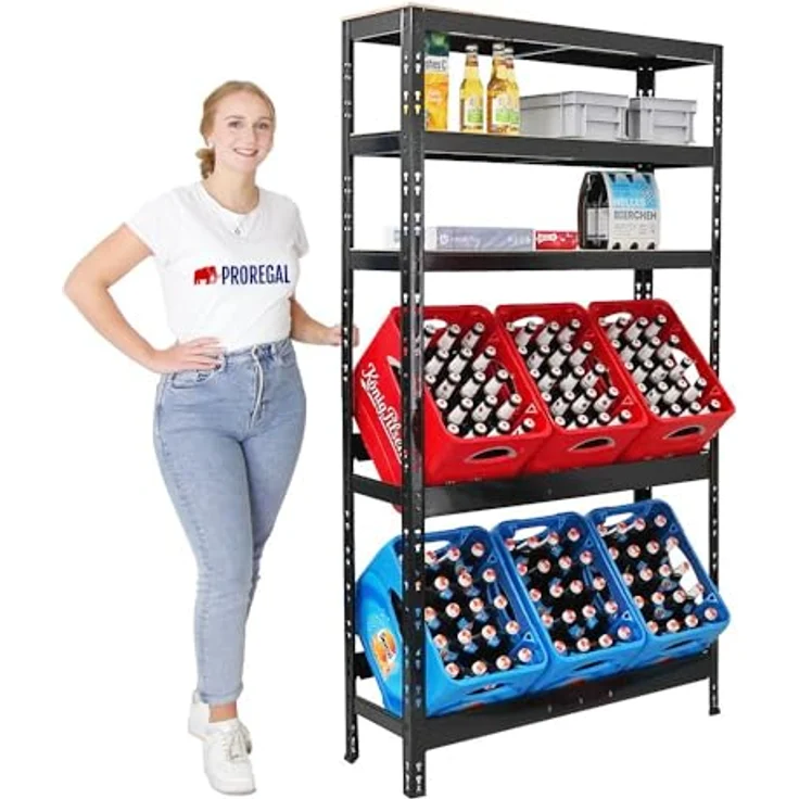 PROREGAL Getränkekistenregal Bodensee 6 Kisten mit 3 Ablagen Schwarz | HxBxT 180 x 100 x 30 cm | freistehend Kistenständer Getränkeregal Wasserkistenregal Bierkistenregal – Bild 4