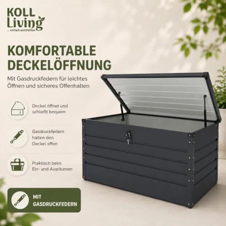 Koll Living Gartenbox Torix, 350 Liter, Anthrazit, pulverbeschichtetes Metall, wartungsfrei, mit Gasdruckfedern – Bild 6