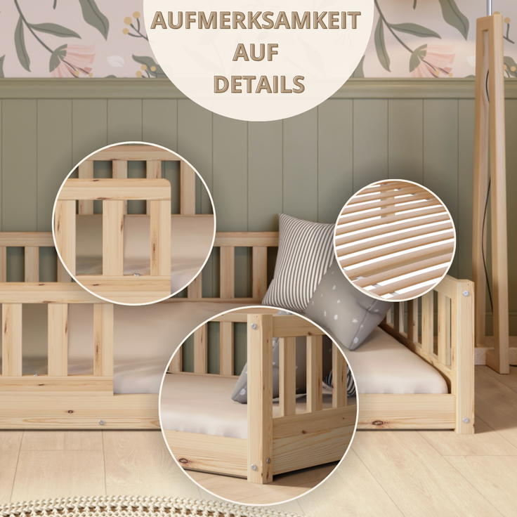 Crazy Pine 'Crazy Basic' Kinderbett mit Rausfallschutz, Skandinavisches Design, Holz, Natur, 90x200 cm, ohne Beine – Bild 9