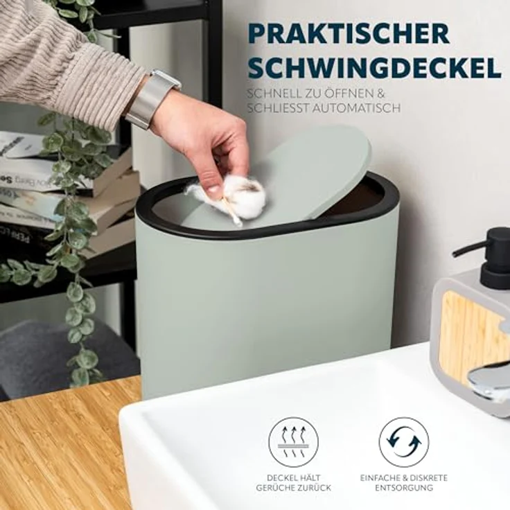 eluno ovaler Kosmetikeimer, 6 Liter mit gummierter Softtouch-Oberfläche, Schwingdeckel und Schutzpads, salbeifarben für Badezimmer und Gäste-WC – Bild 4