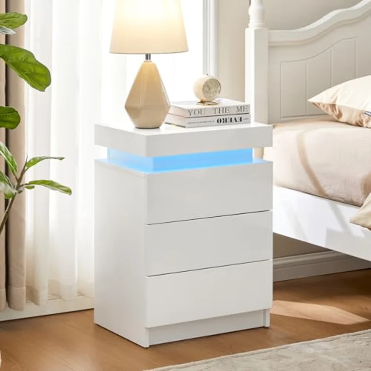 TUKAILAI Nachttisch mit LED Beleuchtung, 3 Schubladen und oberer Aufbewahrung, Hochglanz, Weißer Nachtschrank Modern, 45 x 35 x 67.5 cm für Schlafzimmer, Wohnzimmer – Bild 7