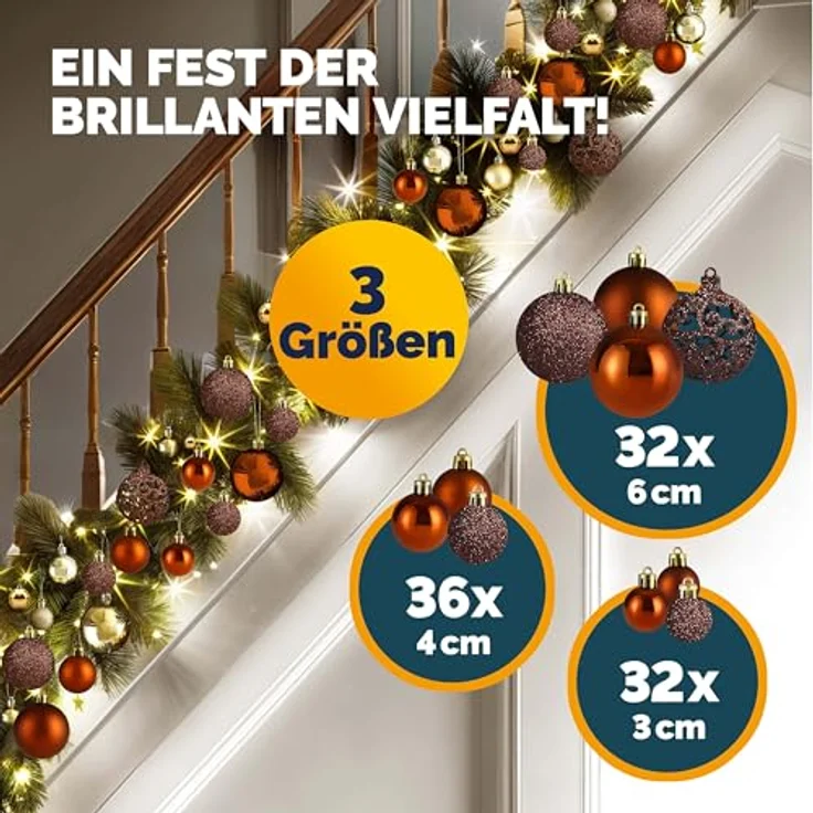 DEUBA® Weihnachtskugeln Set, 100-teilig, Ø 3-6 cm, bruchsicherer Kunststoff, matt und glänzend, Christbaumschmuck in Bronze – Bild 3