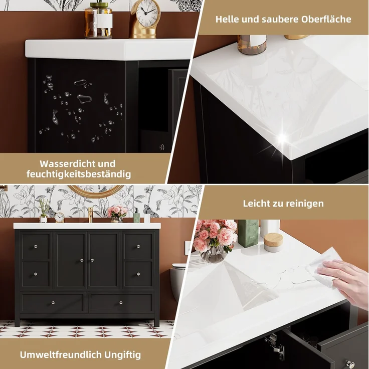 Waschtisch 120x50x86,5 cm – Standwaschtisch mit 4 Schubladen & Harzbecken, Schwarz – Bild 7
