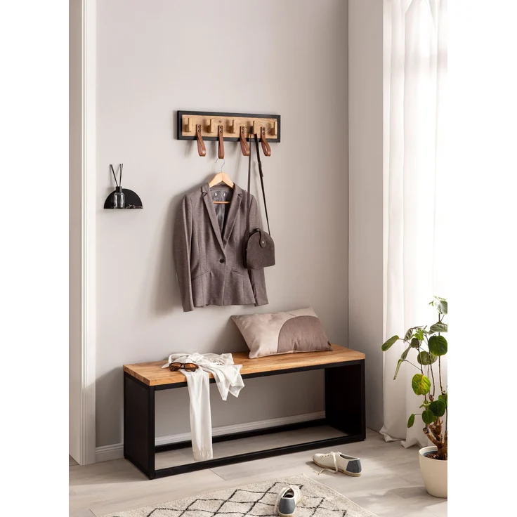 Wandgarderobe Mango Massivholz Echtleder 60x15x6cm Hakenleiste Metallrahmen – Bild 3