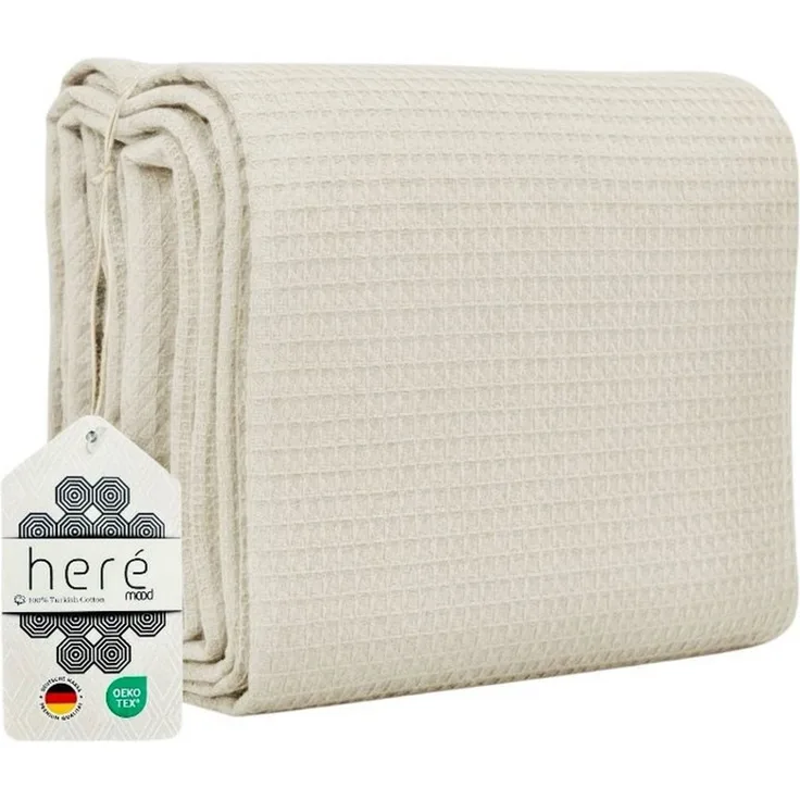 herémood Tagesdecke aus 100% Baumwolle – Elegante Waffelpique Wohndecke 180x220 cm, weiche, Kuscheldecke für Sofa & Bett, atmungsaktiv & pflegeleicht – Mintgrün