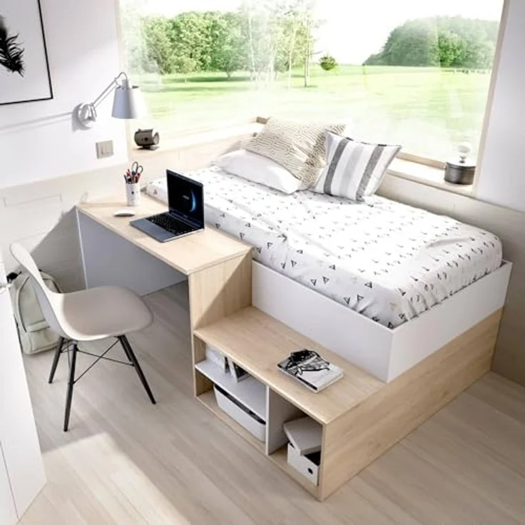 Dmora - Schlafzimmer Cervino, Einzelbett für Schlafzimmer, Set mit Schreibtisch und Regalen, 195 x 134 x 73 cm, Weiß und Eiche – Bild 4