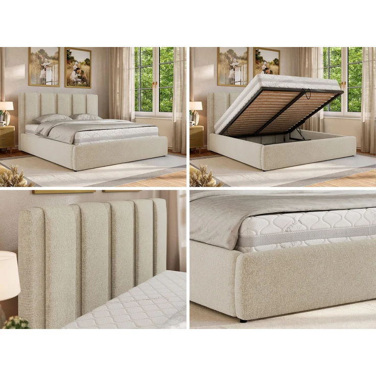 Polsterbett SAVINO CLASSIC mit Bettkasten und Lattenrost Doppelbett 200 x 200 cm mit hohem Kopfteil Stauraumbett Bett mit Gasdruckfeder - Creme Stukture – Bild 2