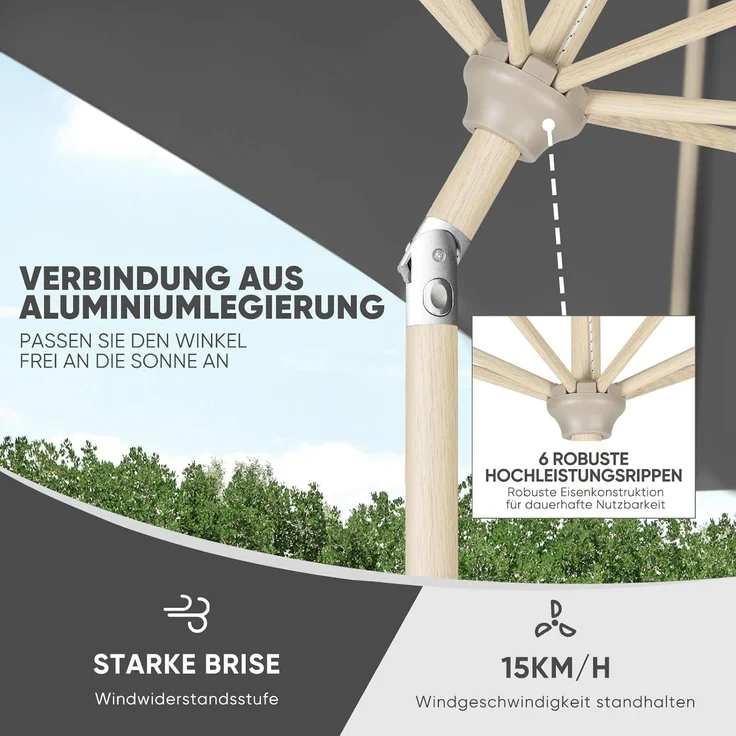 Sekey Sonnenschirm mit Kurbel und UV50+, knickbar, Aluminium hellgrau / natur, 210 × 140 cm – Bild 5
