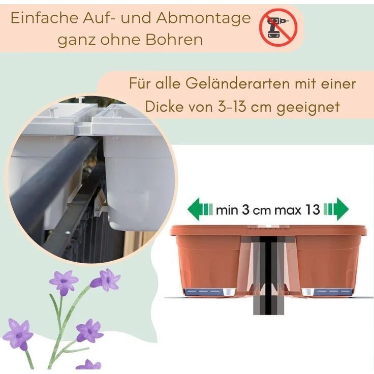 Blumenkasten Balkon Beidseitiger Balkonkasten mit Halterung Blumenkasten mit Wasserspeicher Pflanzkasten für Geländer Geländerkasten ohne Bohren Terracotta 40 cm – Bild 4