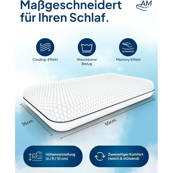 AM Qualitätsmatratzen Nackenstützkissen Premium Nackenstützkissen, verstellbares Kissen mit kühlendem Effekt, Seitenschläfer, Rückenschläfer, 60x35x10 cm – Bild 2
