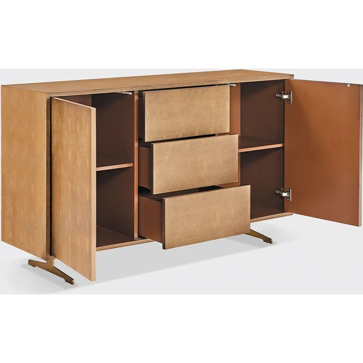 KAWOLA Sideboard GALA 2 Türen 3 Schubladen Kunstleder goldfarben Fuß Edelstahl gebürstet 85 x 40 x 140 cm