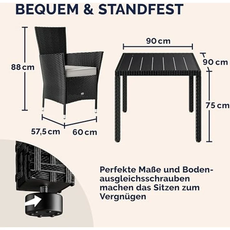 Casaria Garten-Essgruppe, Polyrattan 4 Stühle Stapelbar 90x90cm Esstisch WPC Holz Wetterfest – Bild 7