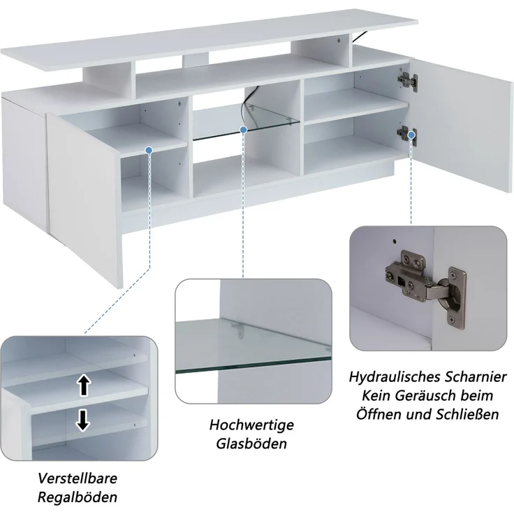 DESVIAE TV-Schrank mit 2 Türen und LED-Beleuchtung 140x55x35 cm Spanplatte Weiß – Bild 6