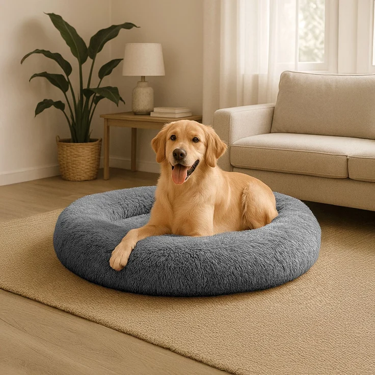 belviona Donut-Hundebett, kuscheliges Plüschbett mit weicher Füllung, sicherem Halt & ergonomischem Rand, 100 cm Durchmesser, anthrazit – Bild 1